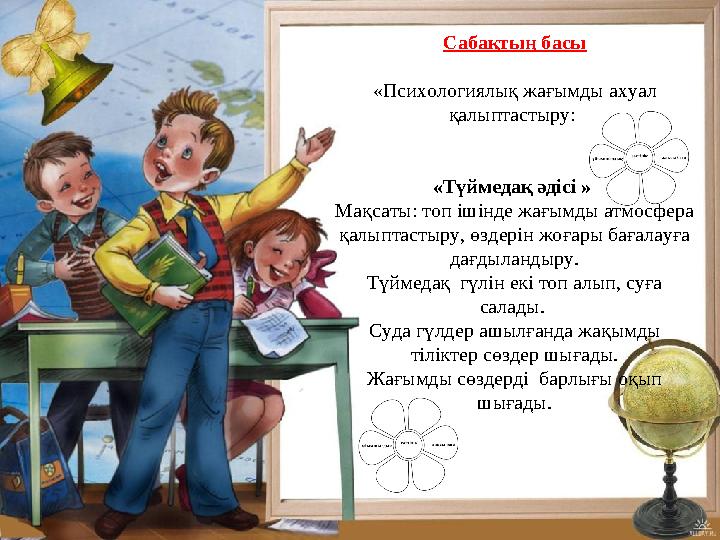 Сабақтың басы «Психологиялық жағымды ахуал қалыптастыру: «Түймедақ әдісі » Мақсаты: топ ішінде жағымды атмосфера қалыптастыр