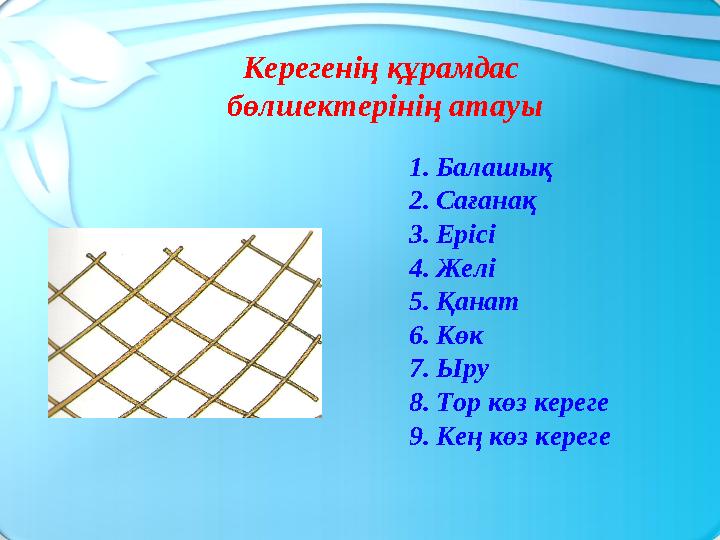 Керегенің құрамдас бөлшектерінің атауы 1.Балашық 2.Сағанақ 3.Ерісі 4.Желі 5.Қанат 6.Көк 7.Ыру 8.Тор көз кереге 9.Кең көз кереге