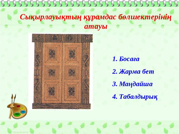 Сықырлауықтың құрамдас бөлшектерінің атауы 1.Босаға 2.Жарма бет 3.Маңдайша 4.Табалдырық