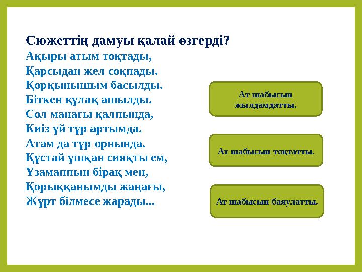 Сюжеттің дамуы қалай өзгерді? Ақыры атым тоқтады, Қарсыдан жел соқпады. Қорқынышым басылды. Біткен құлақ ашылды. Сол манағы қалп