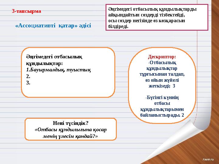 3-тапсырма «Ассоциативті қатар» әдісі Әңгімедегі отбасылық құндылықтарды айқындайтын сөздерді тізбектейді, осы сөздер негізін 3-тапсырма «Ассоциативті қатар» әдісі Әңгімедегі отбасылық құндылықтарды айқындайтын сөздерді тізбектейді, осы сөздер негізін