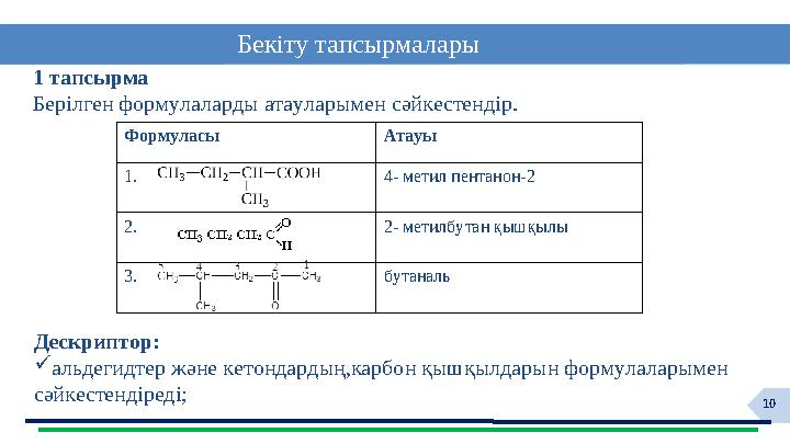 10 Бекіту тапсырмалары Дескриптор: альдегидтер және кетондардың,карбон қышқылдарын формулаларымен сәйкестендіреді; 1 тапсырм