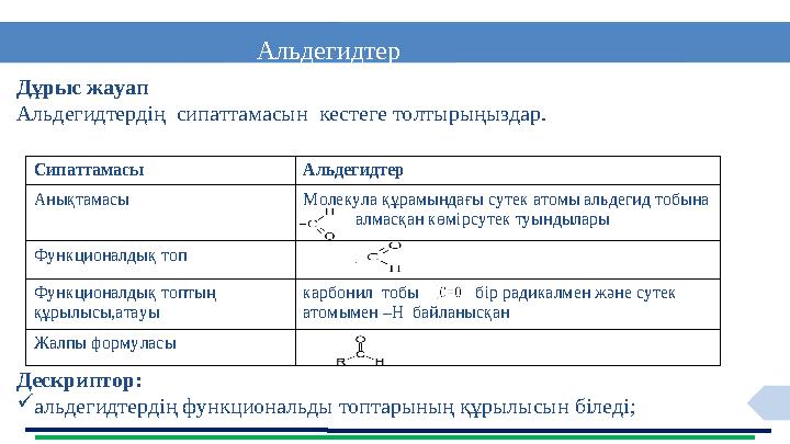 5 Альдегидтер Дұрыс жауап Альдегидтердің сипаттамасын кестеге толтырыңыздар. Дескриптор: альдегидтердің функциональды топ