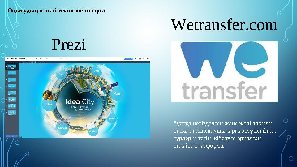 Prezi Оқытудың өзекті технологиялары Wetransfer.com бұлтқа негізделген және желі арқылы басқа пайдаланушыларға әртүрлі файл тү