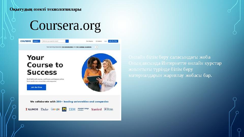 Coursera.org Оқытудың өзекті технологиялары Онлайн білім беру саласындағы жоба Оның аясында Интернетте онлайн курстар жиынтығы