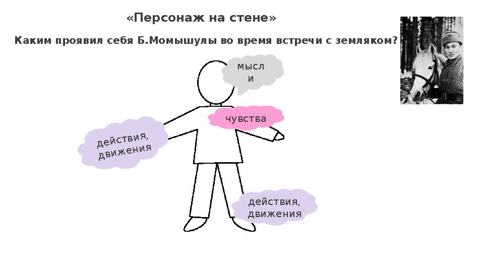 «Персонаж на стене» чувства действия, движения мысл и Каким проявил себя Б.Момышулы во время встречи с земляком? действия, дви