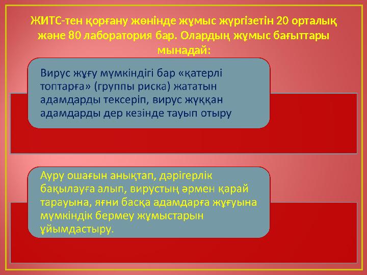 ЖИТС-тен қорғану жөнінде жұмыс жүргізетін 20 орталық және 80 лаборатория бар. Олардың жұмыс бағыттары мынадай: