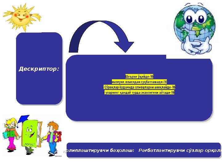 Дескриптор: Дескриптор:Қолиплаштирувчи баҳолаш: Рағбатлантирувчи сўзлар орқали Қолиплаштирувчи баҳолаш: Рағбатланти