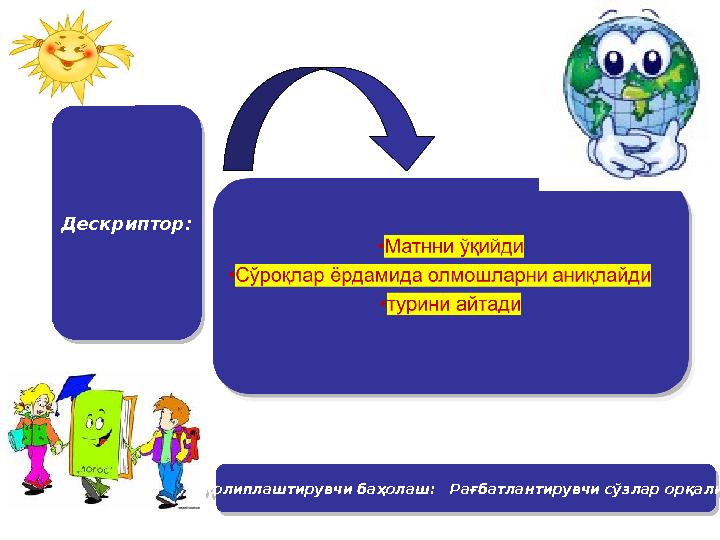 Дескриптор: Дескриптор:Қолиплаштирувчи баҳолаш: Рағбатлантирувчи сўзлар орқали Қолиплаштирувчи баҳолаш: Рағбатланти