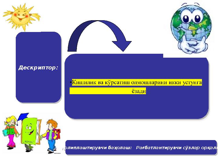 Дескриптор: Дескриптор:Қолиплаштирувчи баҳолаш: Рағбатлантирувчи сўзлар орқали Қолиплаштирувчи баҳолаш: Рағбатланти