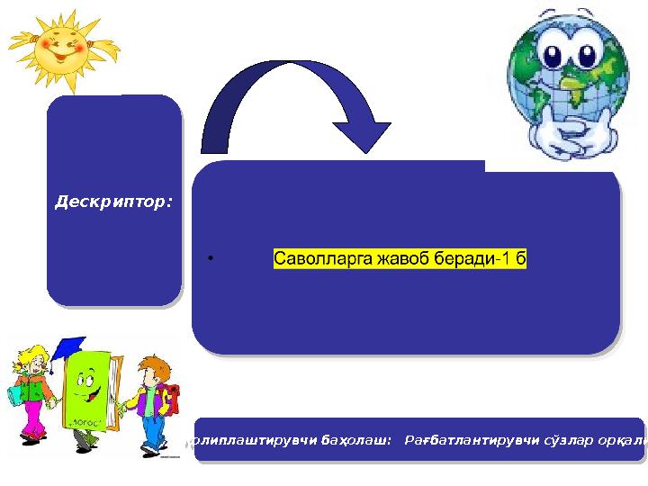 Дескриптор: Дескриптор:Қолиплаштирувчи баҳолаш: Рағбатлантирувчи сўзлар орқали Қолиплаштирувчи баҳолаш: Рағбатланти