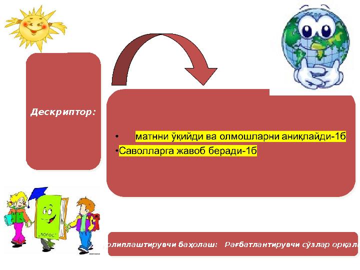 Дескриптор: Дескриптор:Қолиплаштирувчи баҳолаш: Рағбатлантирувчи сўзлар орқали Қолиплаштирувчи баҳолаш: Рағбатланти