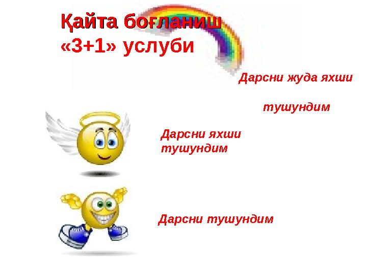 Дарсни яхши тушундим Дарсни тушундим Қайта боғланишҚайта боғланиш «3+1» услуби Дарсни жуда яхши тушундим