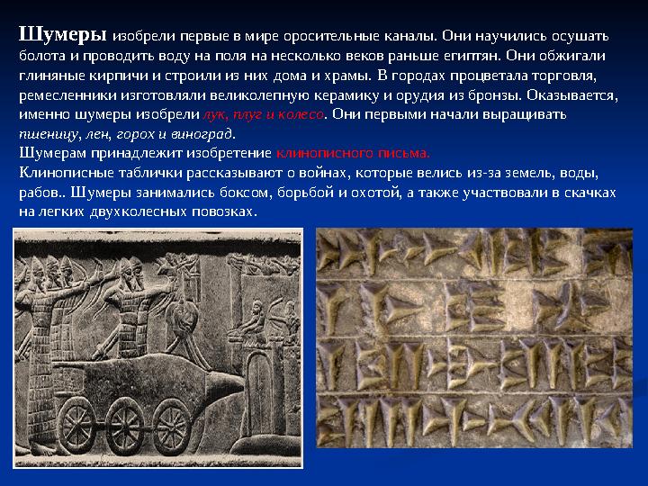 Шумеры изобрели первые в мире оросительные каналы. Они научились осушать болота и проводить воду на поля на несколько веков ран