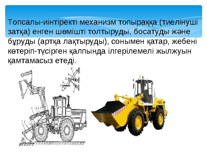 Топсалы-иінтіректі механизм топыраққа (тиелінуші затқа) енген шөмішті толтыруды, босатуды және бұруды (артқа лақтыруды), сон