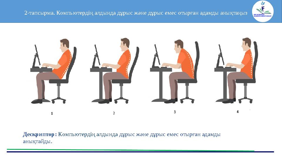 2-тапсырма. Компьютердің алдында дұрыс және дұрыс емес отырған адамды анықтаңыз Дескриптор: Компьютердің алдын