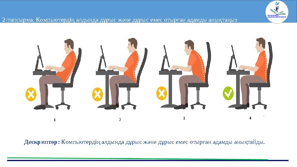 2-тапсырма. Компьютердің алдында дұрыс және дұрыс емес отырған адамды анықтаңыз Дескриптор: Компьютердің алдында дұрыс және д