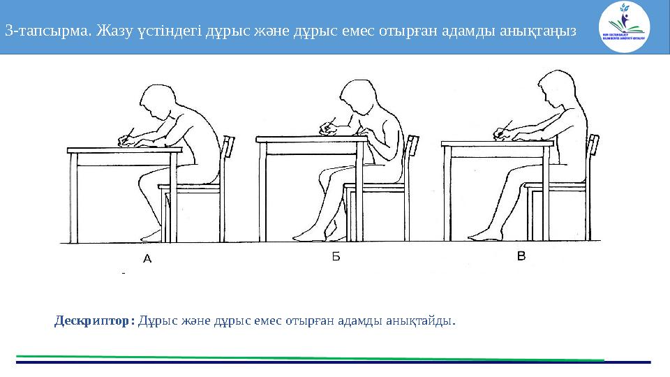3-тапсырма. Жазу үстіндегі дұрыс және дұрыс емес отырған адамды анықтаңыз Дескриптор: Дұрыс және дұрыс емес отырған адамды ан