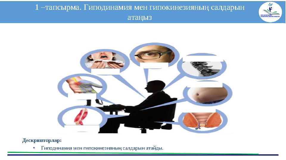 1 –тапсырма. Гиподинамия мен гипокинезияның салдарын атаңыз Дескрипторлар: •Гиподинамия мен гипокинезияның салдарын атайд