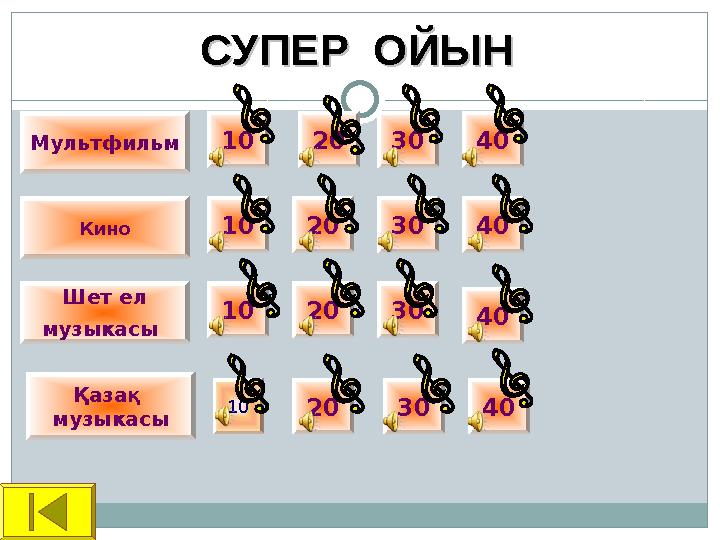 Мультфильм Кино Шет ел музыкасы Қазақ музыкасы 10 20 30 40 20 30 4010 10 403020 20 30 4010 СУПЕР ОЙЫНСУПЕР ОЙЫН