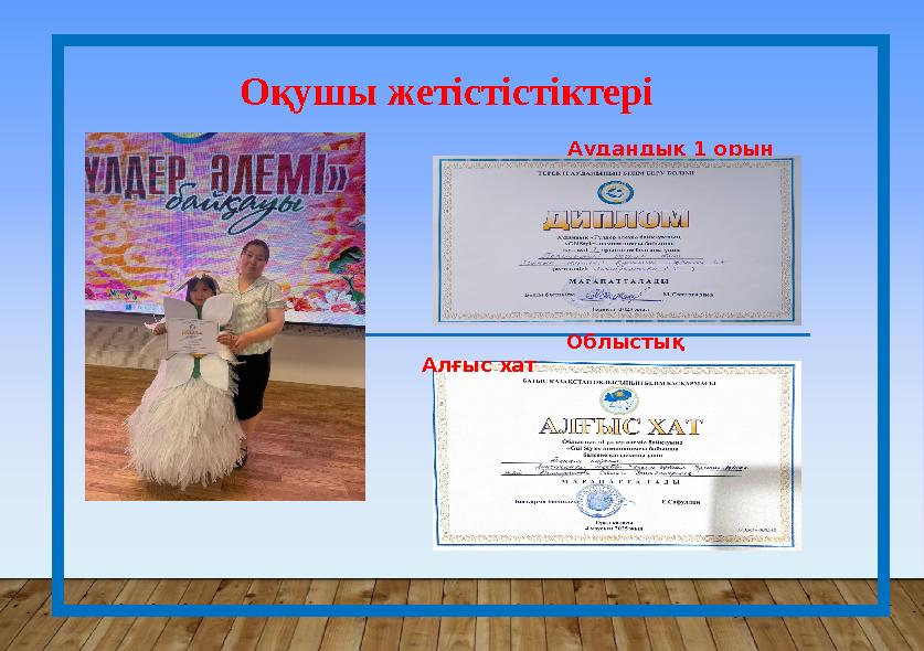 Оқушы жетістістіктері Аудандық 1 орын Облыстық Алғ