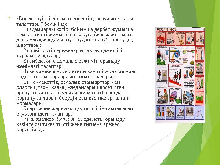  "Еңбек қауіпсіздігі мен еңбекті қорғаудың жалпы талаптары" бөлімінде: 1) адамдарды кәсібі бойынша дербес жұмыс