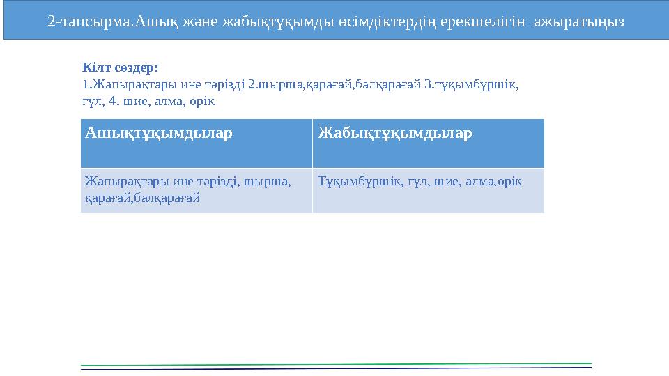 2-тапсырма.Ашық және жабықтұқымды өсімдіктердің ерекшелігін ажыратыңыз Ашықтұқымдылар Жабықтұқымдылар Жапырақтары ине тәрізді,