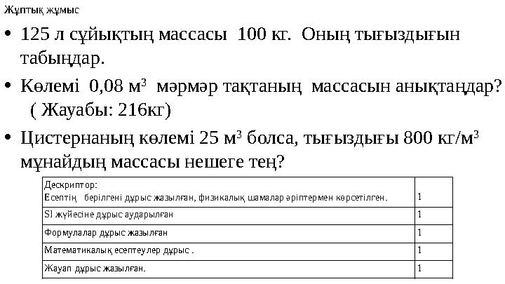 Жұптық жұмыс •125 л сұйықтың массасы 100 кг. Оның тығыздығын табыңдар. •Көлемі 0,08 м 3 мәрмәр тақтаның массасын анық