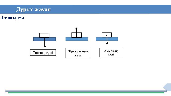 1 тапсырма Дұрыс жауап Салмақ күші Тірек реакция күші Ауырлық күші
