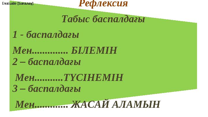 Рефлексия Табыс баспалдағы 1 - баспалдағы Мен.............. БІЛЕМІН 2 – баспалдағы Мен...........ТҮСІНЕМІН 3 – баспалдағы Ме