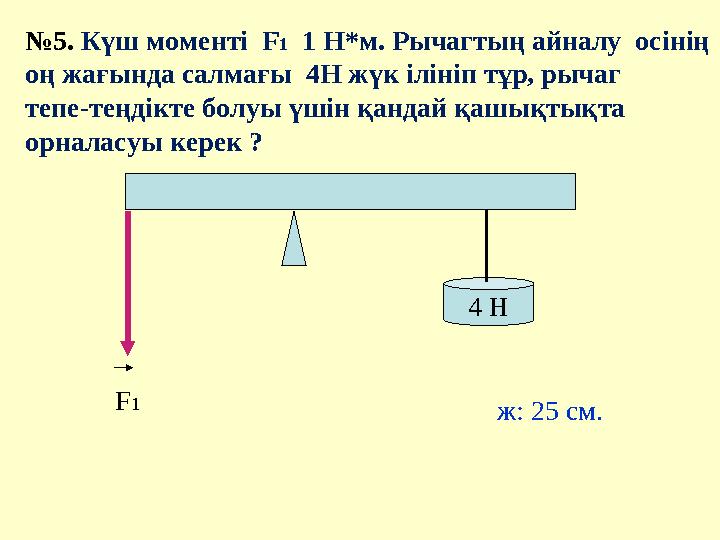 №5. Күш моменті F1 1 Н*м. Рычагтың айналу осінің оң жағында салмағы 4Н жүк ілініп тұр, рычаг тепе-теңдікте болуы үшін қанда