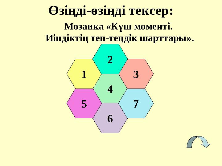 4 6 75 1 3 2 Өзіңді-өзіңді тексер: Мозаика «Күш моменті. Иіндіктің теп-теңдік шарттары».