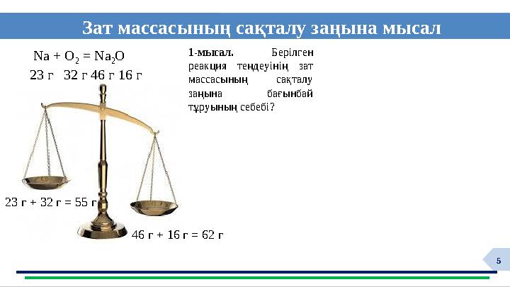 5 Зат массасының сақталу заңына мысал ф1-мысал. Берілген реакция теңдеуінің зат массасының сақталу заңына бағынбай тұруының