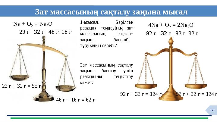 7 Зат массасының сақталу заңына мысал ф1-мысал. Берілген реакция теңдеуінің зат массасының сақталу заңына бағынбай тұруының