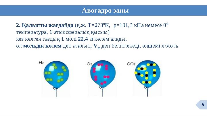 Авогадро заңы 6 2. Қалыпты жағдайда (қ.ж. Т=273 0 K, p=101,3 кПа немесе 0 0 температура, 1 атмосфералық қысым) кез келген газд