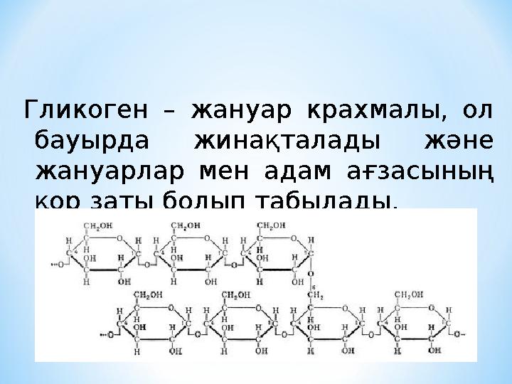 Гликоген – жануар крахмалы, ол бауырда жинақталады және жануарлар мен адам ағзасының қор заты болып табылады.