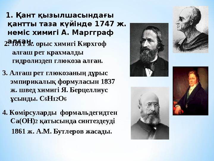 1. Қант қызылшасындағы қантты таза күйінде 1747 ж. неміс химигі А. Маргграф алған. 2. 1811 ж. орыс химигі Кирхгоф алғаш ре
