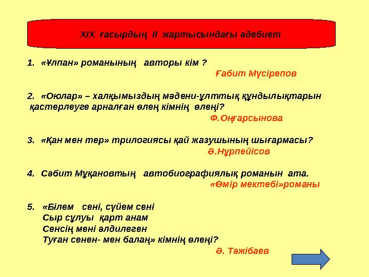 ХІХ ғасырдың ІІ жартысындағы әдебиет 1.«Ұлпан» романының авторы кім ?