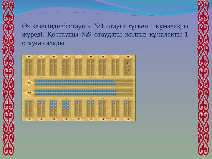 Өз кезегінде бастаушы №1 отауға түскен 1 құмалақты жүреді. Қостаушы №9 отаудағы жалғыз құмалақты 1 отауға салады.