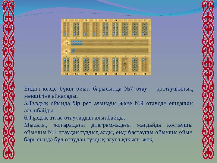 Ендігі кезде бүкіл ойын барысында №7 отау – қостаушының меншігіне айналады. 5.Тұздық ойында бір рет алынады және №9 отаудан ешқ