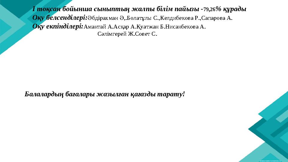 I тоқсан бойынша сыныптың жалпы білім пайызы -79,26% құрады Оқу белсенділері:Әбдірахман Ә,.Болатұлы С.,Келдибекова Р.,Сапарова А