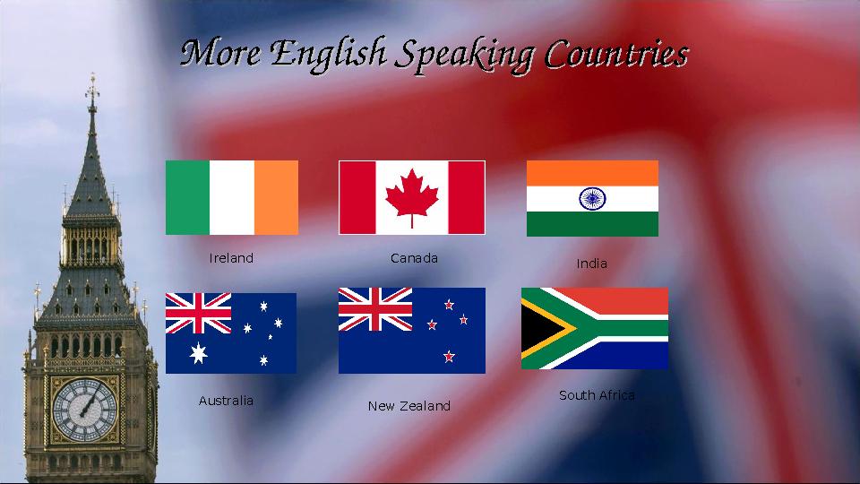 More English Speaking CountriesMore English Speaking Countries Ireland Canada India Australia South Africa New Zealand