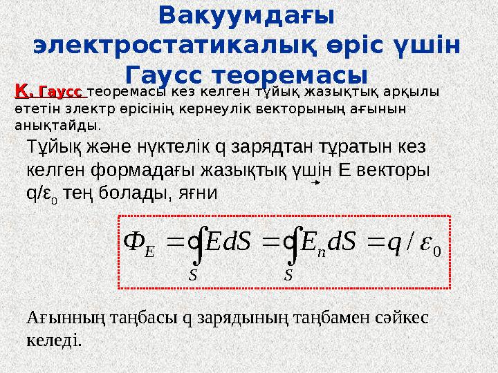 Тұйық және нүктелік q зарядтан тұратын кез келген формадағы жазықтық үшін Е векторы q/ε 0 тең болады, яғни Вакуумдағы электр