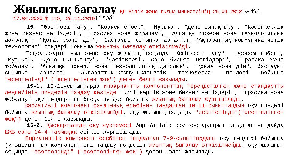 15. "Өзін-өзі тану", "Көркем еңбек", "Музыка", "Дене шынықтыру", "Кәсіпкерлік және бизнес негіздері", "Графика және жобалау", "