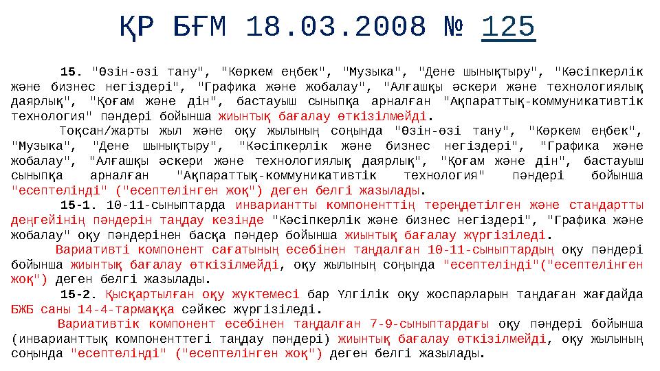 ҚР БҒМ 18.03.2008 № 125 15. "Өзін-өзі тану", "Көркем еңбек", "Музыка", "Дене шынықтыру", "Кәсіпкерлік және бизнес негіздері", "