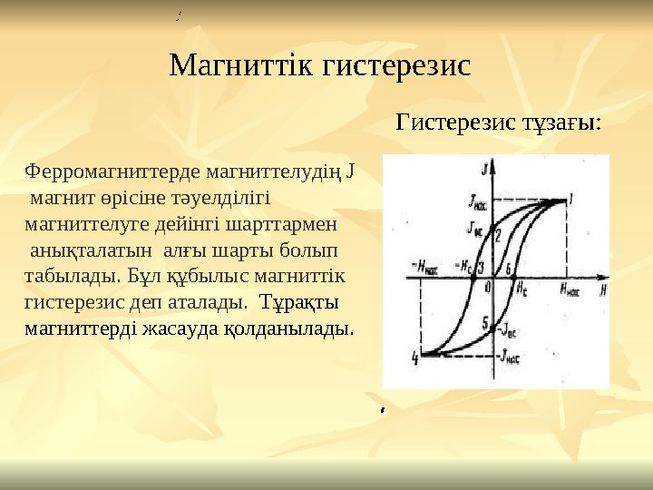 Гистерезис тұзағы: Магниттік гистерезис Ферромагниттерде магниттелудің J магнит өрісіне тәуелділігі магниттелуге де
