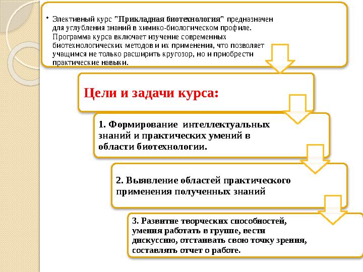 •Элективный курс "Прикладная биотехнология" предназначен для углубления знаний в химико-биологическом профиле. Программа курса