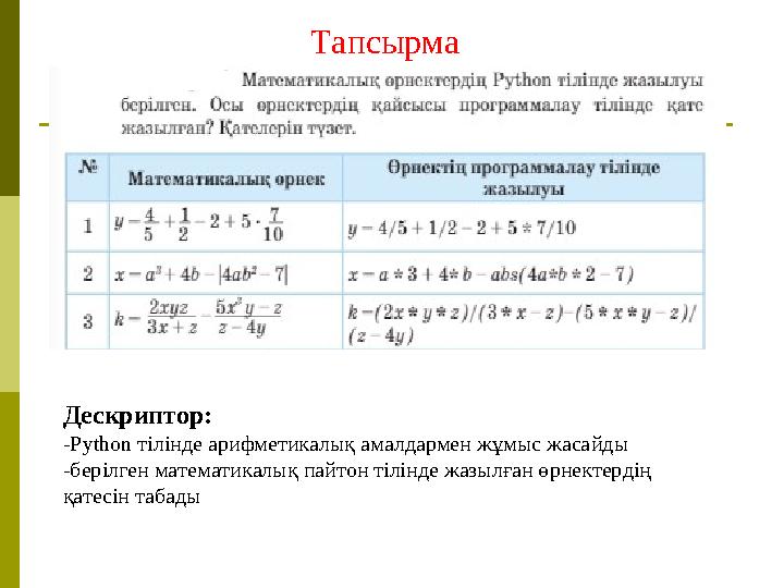 Тапсырма Дескриптор: -Python тілінде арифметикалық амалдармен жұмыс жасайды -берілген математикалық пайтон тілінде жазылған өрн