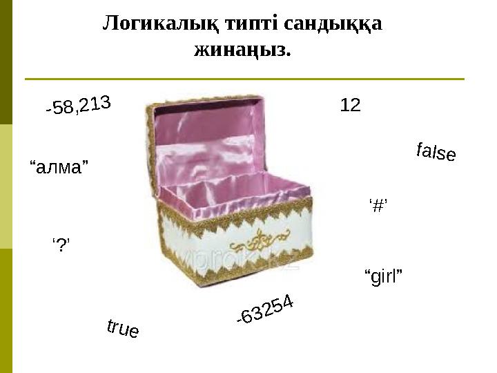 Логикалық типті сандыққа жинаңыз. ‘?’ -58,213 “алма” 12 “girl” ‘#’ false -63254 true