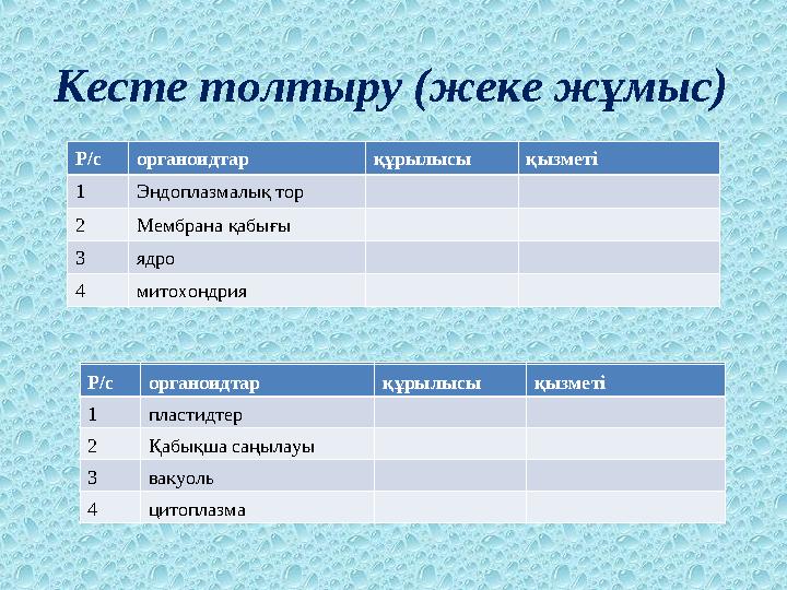 Кесте толтыру (жеке жұмыс) Р/сорганоидтар құрылысы қызметі 1 Эндоплазмалық тор 2 Мембрана қабығы 3 ядро 4 митохондрия Р/сорганои